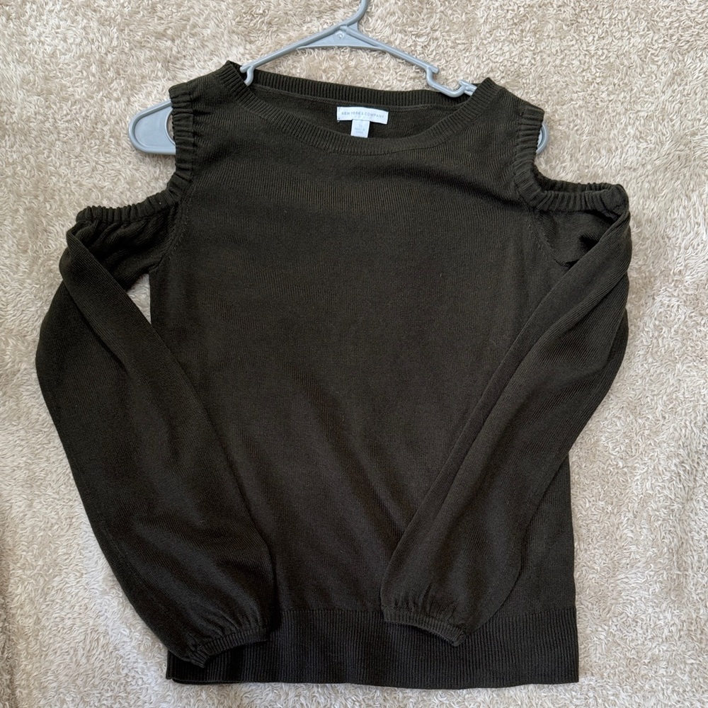 New York & Company Cold-Shoulder Deep Olive Sweater